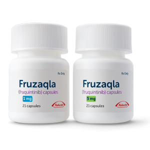 FRUZAQLA® 1 mg and 5 mg pill bottles.